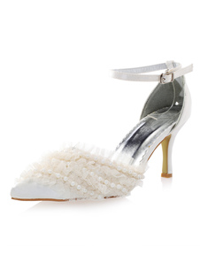Glamour blanc imité soie perles bout pointu pompes nuptiale