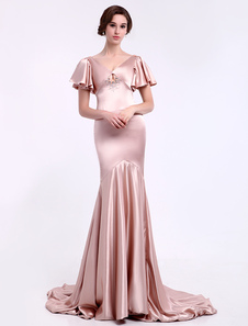 Robe mère de mariée nude sirène en satin de soie stretch col V avec strass à traîne