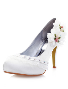Beau blanc imité soie strass ronde Toe Pumps nuptiale
