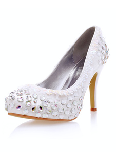 Jolies blanches strass ronde Toe imité soie pompes nuptiale