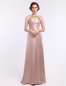 Robe mère de mariée nude fourreau en satin de soie stretch col rond avec perles