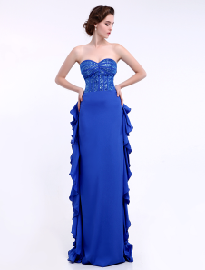 Abito per la madre della sposa blu reale attillato con paillettes a terra