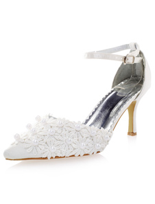 Glamour blanc perles bout pointu imité soie pompes nuptiale