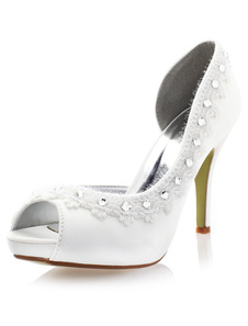 Chaussures peep-toe en fausse soie blanche avec strass