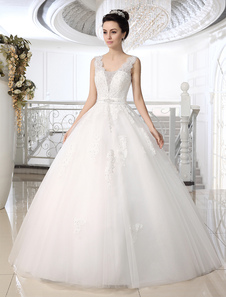 Robe mariée magnifique boule en tulle blanc avec perles longueur plancher