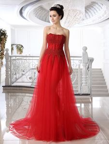 Chic robe mariage fourreau en tulle rouge avec perles bustier traîne courte