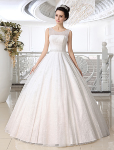 Robe de mariage exquise boule en tulle blanc avec perles col rond longueur plancher