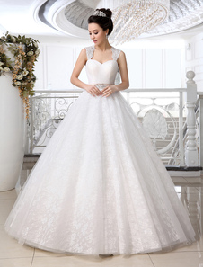 Chic robe mariage boule en tulle blanc avec perles