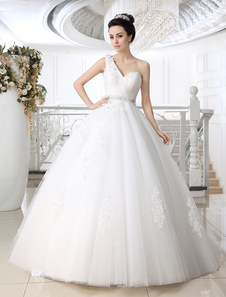 Robe de mariage exquise boule en tulle blanc avec perles à une épaule