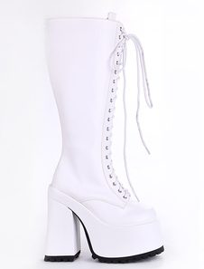 Blanc PU cuir Front Lace-up Sexy talon Chunky bottes pour dames