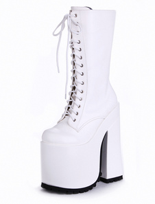 PU blanc cuir lacets Round Toe bottes pour dames Sexy talon Chunky