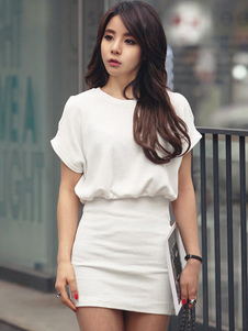 Mini robe en coton mélangé blanc unicolore creusé