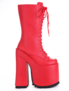 Lacets rouges rondes Toe PU cuir Chunky talons Sexy bottes pour dames