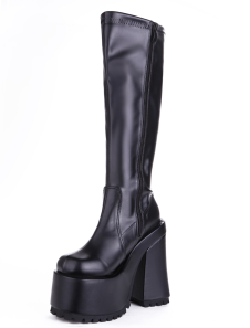 PU noir en cuir fermeture éclair Sexy haut talon Chunky bottes pour femmes