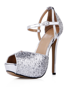 Sandales plateforme fascinantes à talons aigus en tissu de paillettes argent