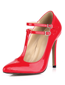 Escarpins à bout pointu et talon aigu en PU verni rouge