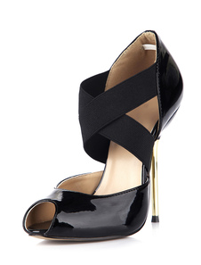 Chaussures soutenues à bout ouvert et talons aigus en PU verni noir