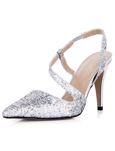 Escarpins à bout pointu et talons aigus en tissu de paillettes argent