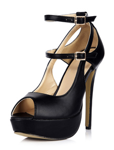 Chaussures à bout ouvert et talons aigus en PU noir avec bouton