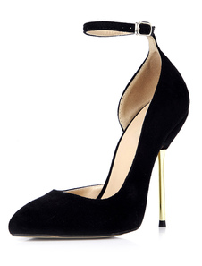 Escarpins à bout pointu et talons aigus en satin stretch poncé noir avec bouton