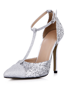 Escarpins à bout pointu et talon aigu en tissu de paillettes argent