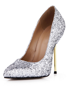 Attrayants escarpins à bout pointu et talons aigus en tissu de paillettes argent