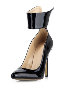 Escarpins à bout pointu et talon aigu en PU verni noir avec zip