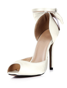 Chaussures à bout ouvert et talons aigus en fausse soie blanc avec noeud