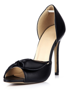 Chaussures soutenues à bout ouvert et talons aigus en PU noir avec noeud