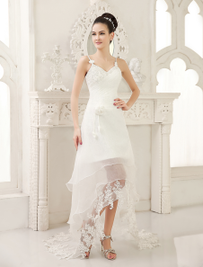 Robe de mariage exquise A-ligne en organza ivoire avec perles encolure en coeur asymétrie