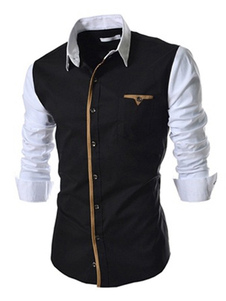 Propagation cou poches manches longues façonnage bicolore coton mélange occasionnel Shirt pour homme