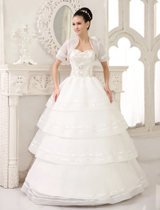 Chic robe mariage boule en satin ivoire avec perles encolure en coeur longueur plancher