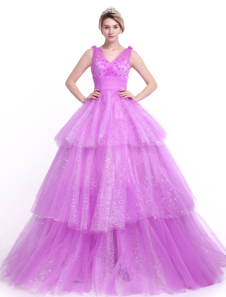 Robe boule en tulle lilas avec paillettes col V