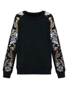 Pull en coton imprimé fleuri avec paillettes de col rond