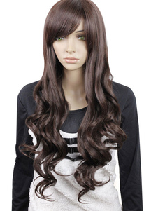 Perruque femme longue marronne foncée de boucles volumineuses et raie de côté