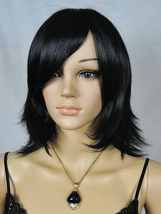 Perruque femme courte noire avec frange oblique
