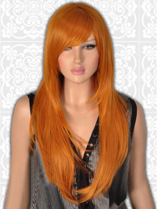 Perruque longue droite orange ébouriffée avec frange oblique