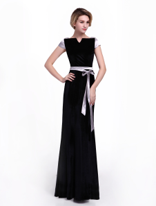 Robe mère de mariés A-ligne en velours revers cranté avec noeuds