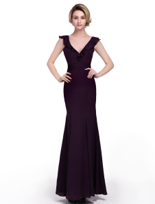 Robe mère de mariés fourreau en chiffon pourpre col V à volants