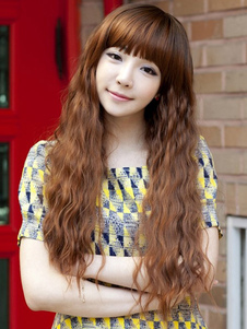 Brun boucles tire-bouchon fibre résistant à la chaleur de la lumière perruque longue de vacances pou