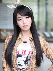 Unique perruque femme longue droite noire brunâtre avec frange oblique