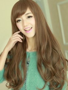 Perruque féminine longue couleur de lin de boucles en bas et frange oblique