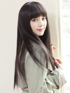 Perruque droite longue noire brunâtre avec frange droite