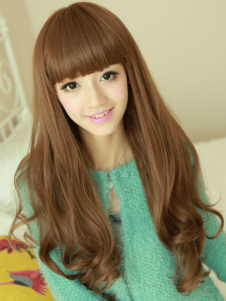 Perruque féminine longue couleur de lin avec frange droite et boucles en bas