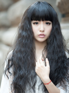 Unique perruque féminine longue frisée noire bleue ébouriffée avec frange droite