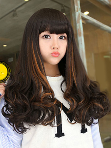 Split traditionnel couleur fibre résistant à la chaleur boucles aux extrémités Chic longue perruque