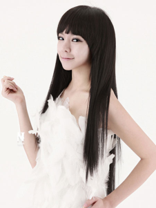 Perruque droite longue noire ébouriffée avec frange droite