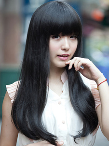 Perruque féminine douce longue droite noire ébouriffée avec frange droite