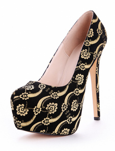 Escarpins beaux à plateforme et talons aigus artificiel noir imprimé fleuri