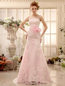 Chic robe mariage fourreau en dentelle rose avec applique col rond traîne démontable